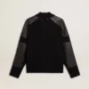Chaqueta de lana merina negra para hombre con parches de cuero