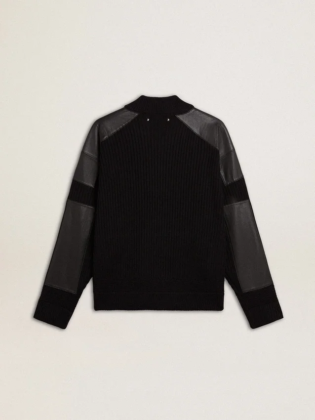 Chaqueta de lana merina negra para hombre con parches de cuero