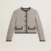 Chaqueta de mujer de lana y seda gris con ribetes de ante negro