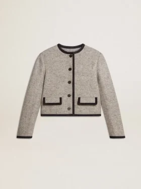 Chaqueta de mujer de lana y seda gris con ribetes de ante negro