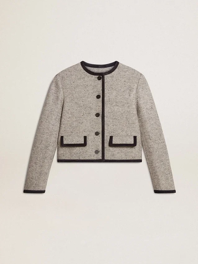 Chaqueta de mujer de lana y seda gris con ribetes de ante negro