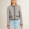Chaqueta de mujer de lana y seda gris con ribetes de ante negro