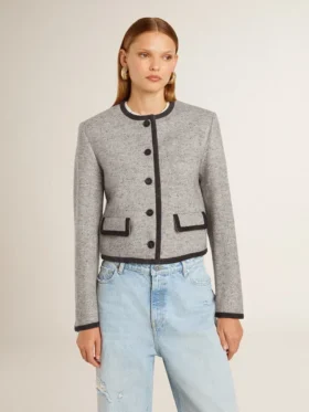 Chaqueta de mujer de lana y seda gris con ribetes de ante negro