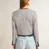 Chaqueta de mujer de lana y seda gris con ribetes de ante negro