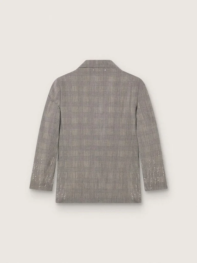 Chaqueta de mujer en estampado de cuadros Príncipe de Gales gris con bordados de cristales