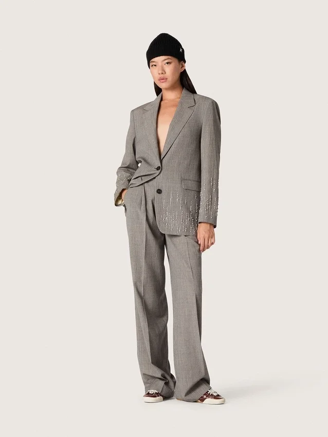 Pantalones oversize de mujer con estampado de cuadros Príncipe de Gales en gris