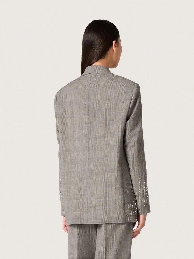 Chaqueta de mujer en estampado de cuadros Príncipe de Gales gris con bordados de cristales