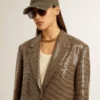 Chaqueta de pata de gallo para mujer con bordado de lentejuelas por toda la prenda