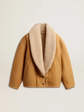 Chaqueta de piel de oveja para mujer con amplio cuello chal de borreguillo