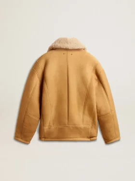 Chaqueta de piel de oveja para mujer con amplio cuello chal de borreguillo