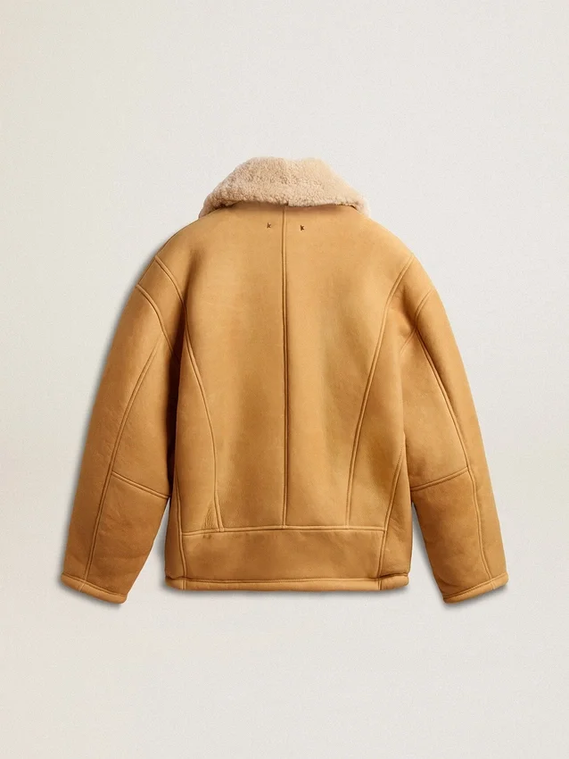 Chaqueta de piel de oveja para mujer con amplio cuello chal de borreguillo
