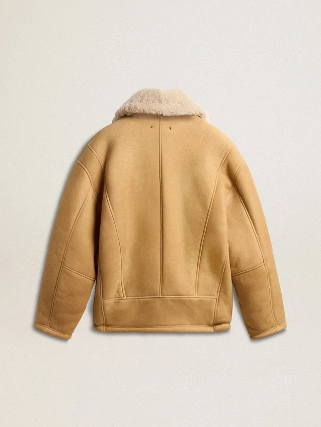 Chaqueta de piel de oveja para mujer con amplio cuello chal de borreguillo