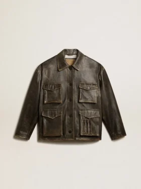 Chaqueta de piel napa marrón envejecida para mujer