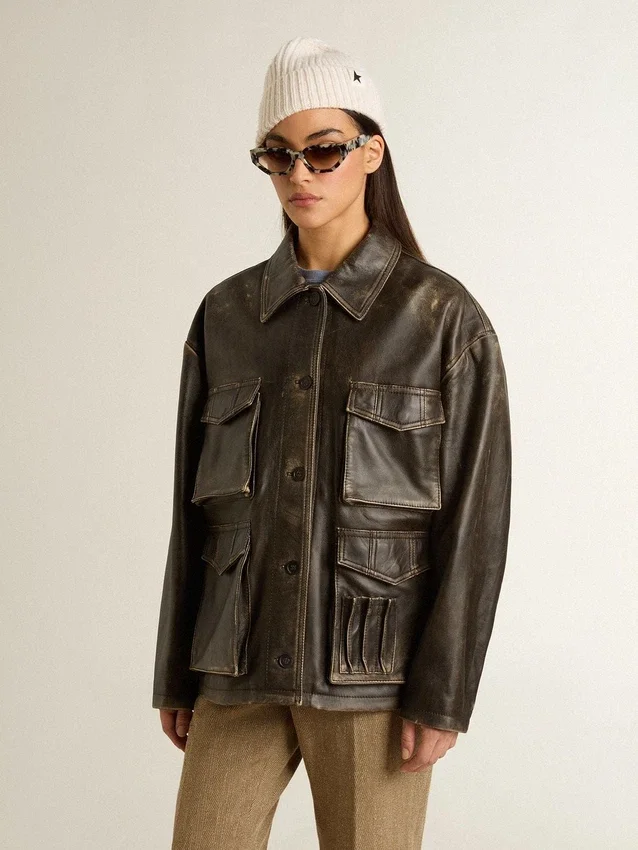 Chaqueta de piel napa marrón envejecida para mujer