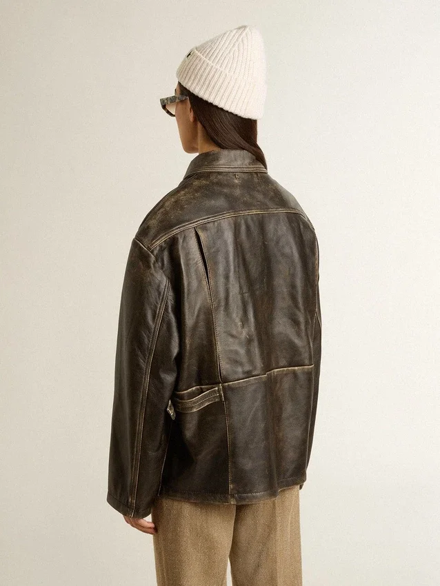 Chaqueta de piel napa marrón envejecida para mujer