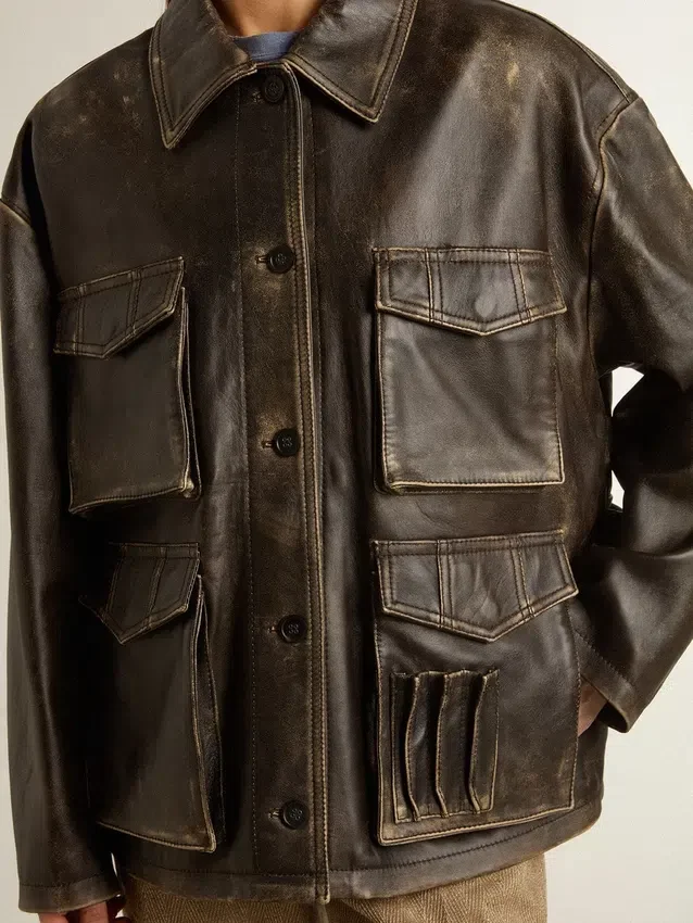 Chaqueta de piel napa marrón envejecida para mujer