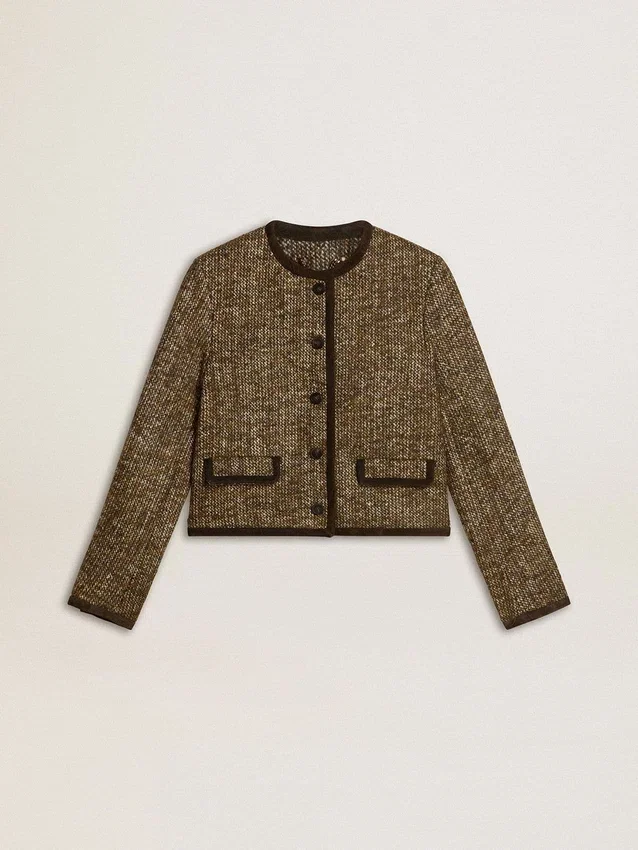 Chaqueta Journey para mujer de tweed de lana con detalles de ante color café