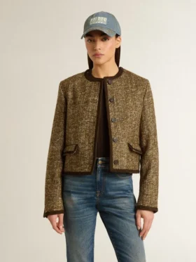 Chaqueta Journey para mujer de tweed de lana con detalles de ante color café