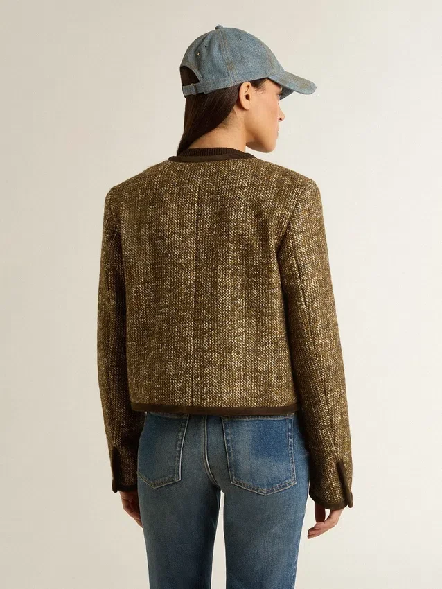 Chaqueta Journey para mujer de tweed de lana con detalles de ante color café