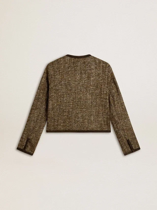 Chaqueta Journey para mujer de tweed de lana con detalles de ante color café