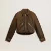 Chaqueta motera corta de piel marrón para mujer con cremallera