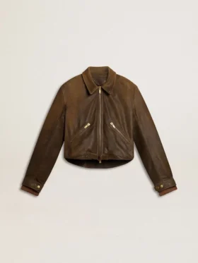 Chaqueta motera corta de piel marrón para mujer con cremallera