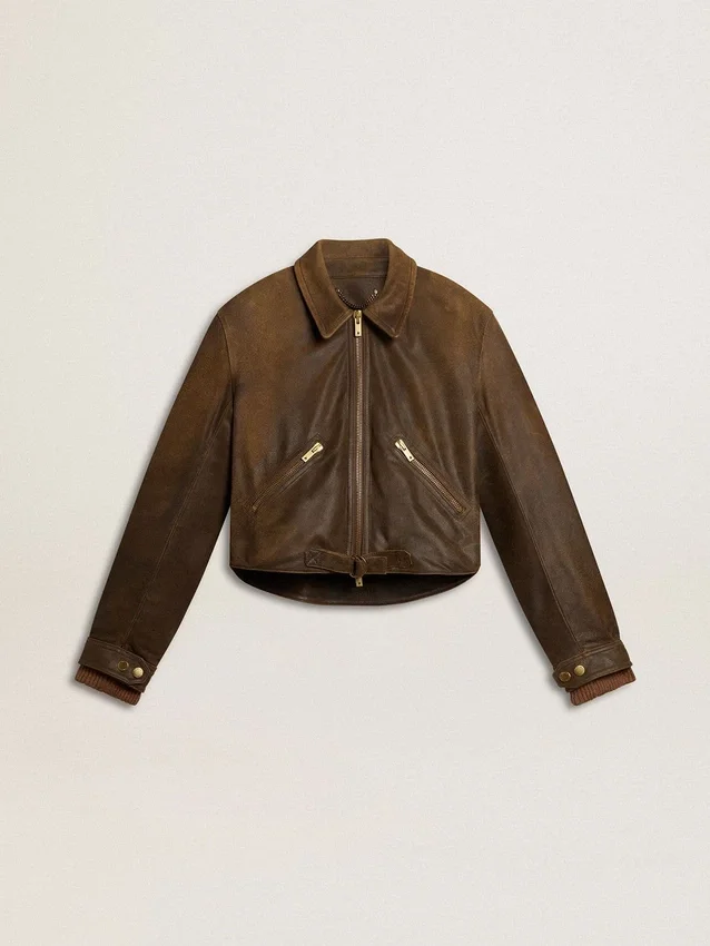 Chaqueta motera corta de piel marrón para mujer con cremallera
