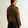 Chaqueta motera corta de piel marrón para mujer con cremallera
