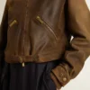 Chaqueta motera corta de piel marrón para mujer con cremallera