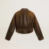 Chaqueta motera corta de piel marrón para mujer con cremallera
