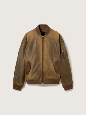 Chaqueta motera de cuero marrón con efecto desgastado