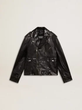 Chaqueta motera de cuero negro para hombre con efecto brillante