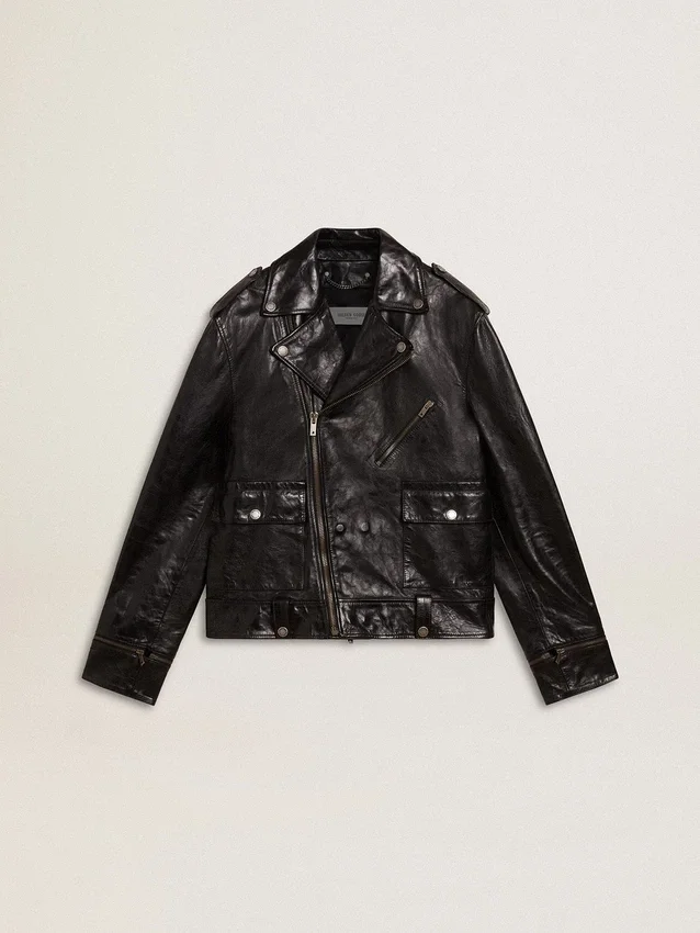 Chaqueta motera de cuero negro para hombre con efecto brillante