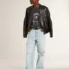 Chaqueta motera de cuero negro para hombre con efecto brillante