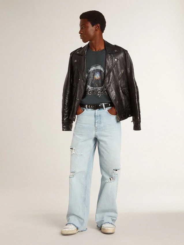 Chaqueta motera de cuero negro para hombre con efecto brillante