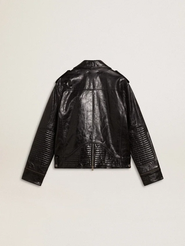 Chaqueta motera de cuero negro para hombre con efecto brillante