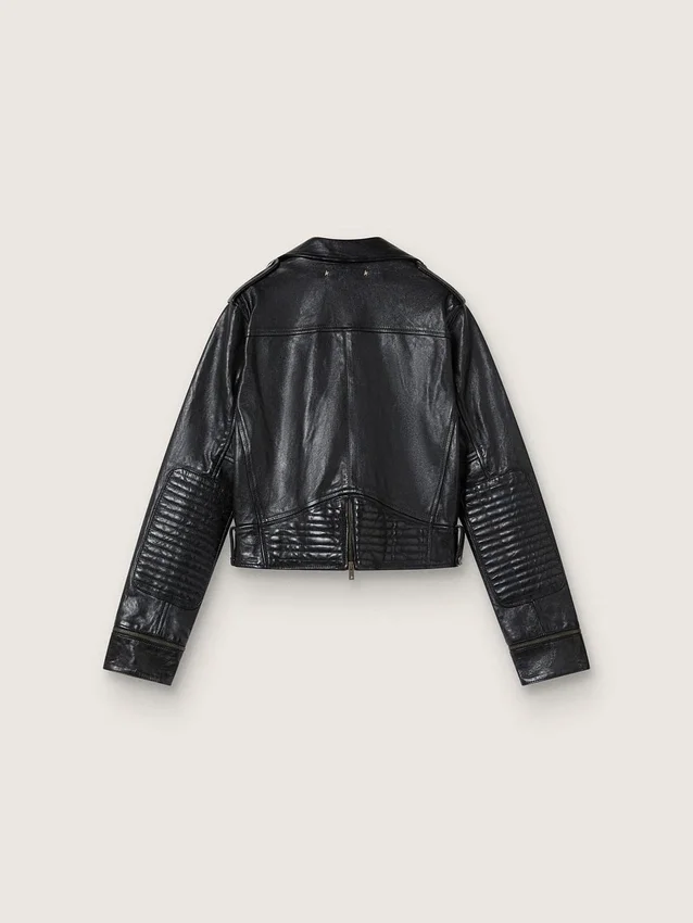 Chaqueta motera de cuero negro para mujer con efecto brillante
