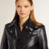 Chaqueta motera de cuero negro para mujer con efecto brillante