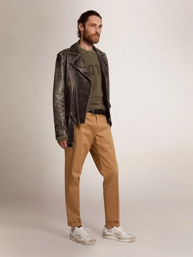 Chaqueta motera de hombre en piel desgastada