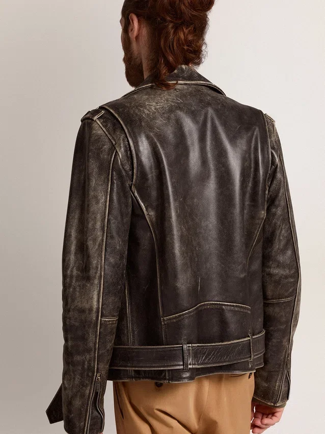 Chaqueta motera de hombre en piel desgastada