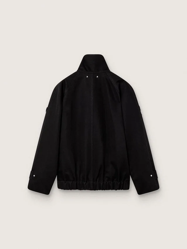 Chaqueta oversize para mujer en sarga de algodón negra con bordado floral de lentejuelas