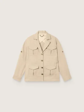 Chaqueta safari de mujer en viscosa beige con micro-chevron