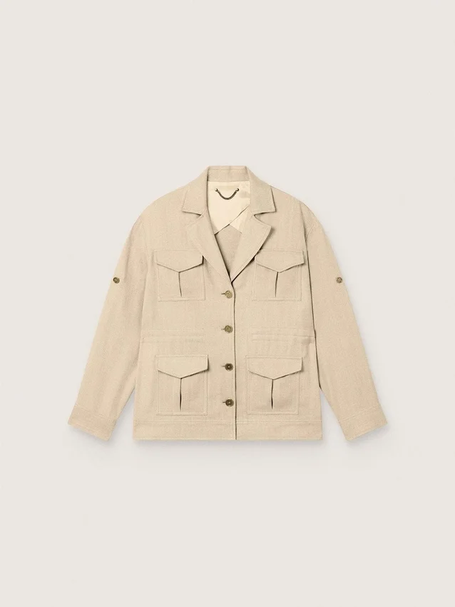 Chaqueta safari de mujer en viscosa beige con micro-chevron