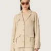 Chaqueta safari de mujer en viscosa beige con micro-chevron