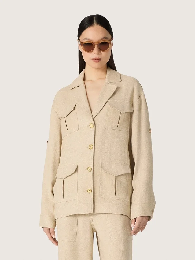 Chaqueta safari de mujer en viscosa beige con micro-chevron
