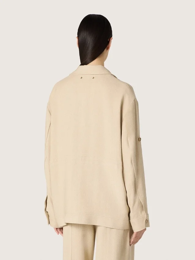 Chaqueta safari de mujer en viscosa beige con micro-chevron
