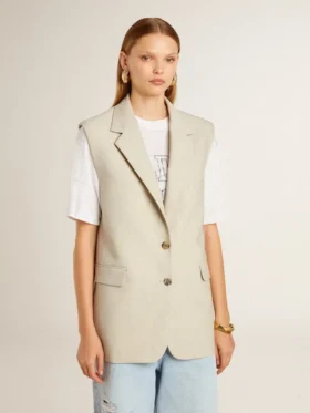 Chaqueta sin mangas de mezcla de lana en color caqui para mujer