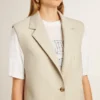 Chaqueta sin mangas de mezcla de lana en color caqui para mujer