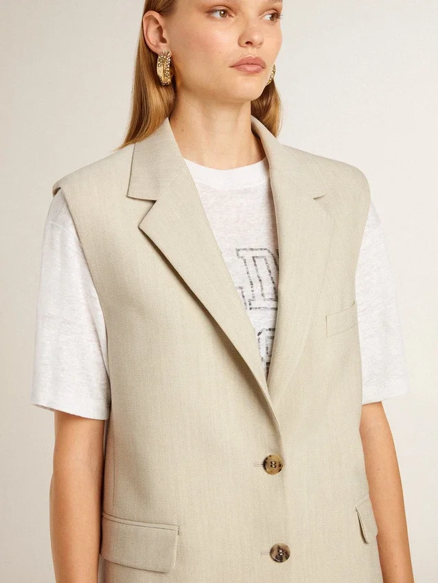 Chaqueta sin mangas de mezcla de lana en color caqui para mujer