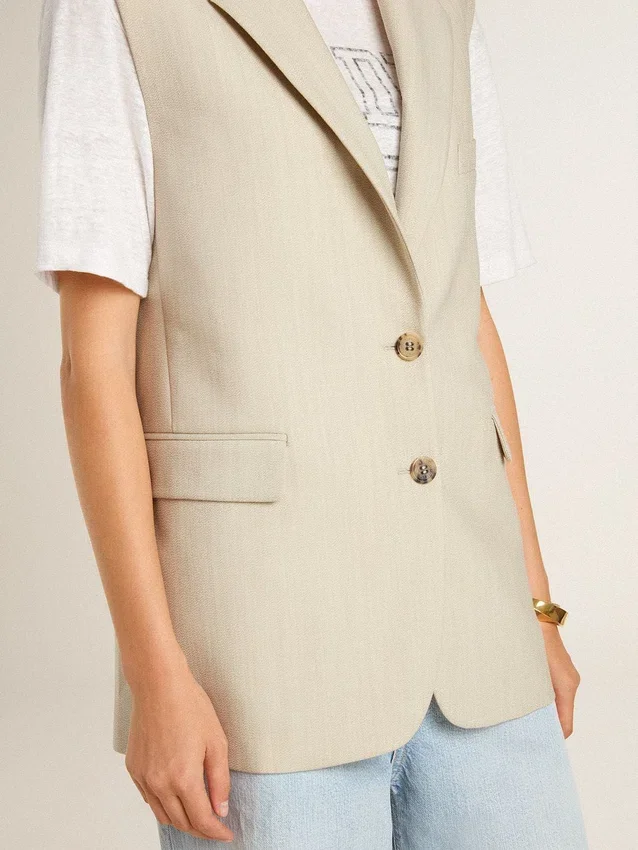 Chaqueta sin mangas de mezcla de lana en color caqui para mujer